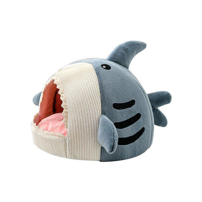 New Design Shark Shaped Warm Cute Cat Sleeping Cave Nest Semi-closed Cat Bed Soft Plush Bed for Cat Small Dog Bed